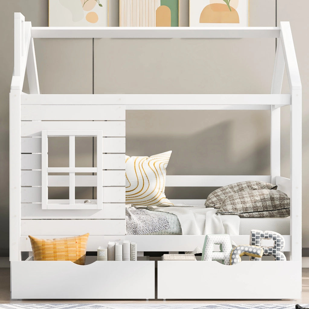 Letto per bambini a casetta 80x160 cm in legno massello di pino; bianco; con finestre e cassetti