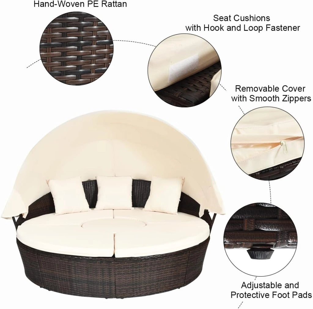 Letto da Giardino Esterno Rotondo in Rattan con Baldacchino Retrattile, Salotto da Giardino Esterno Divano, Lettino da Giardino Portico (Bianco)