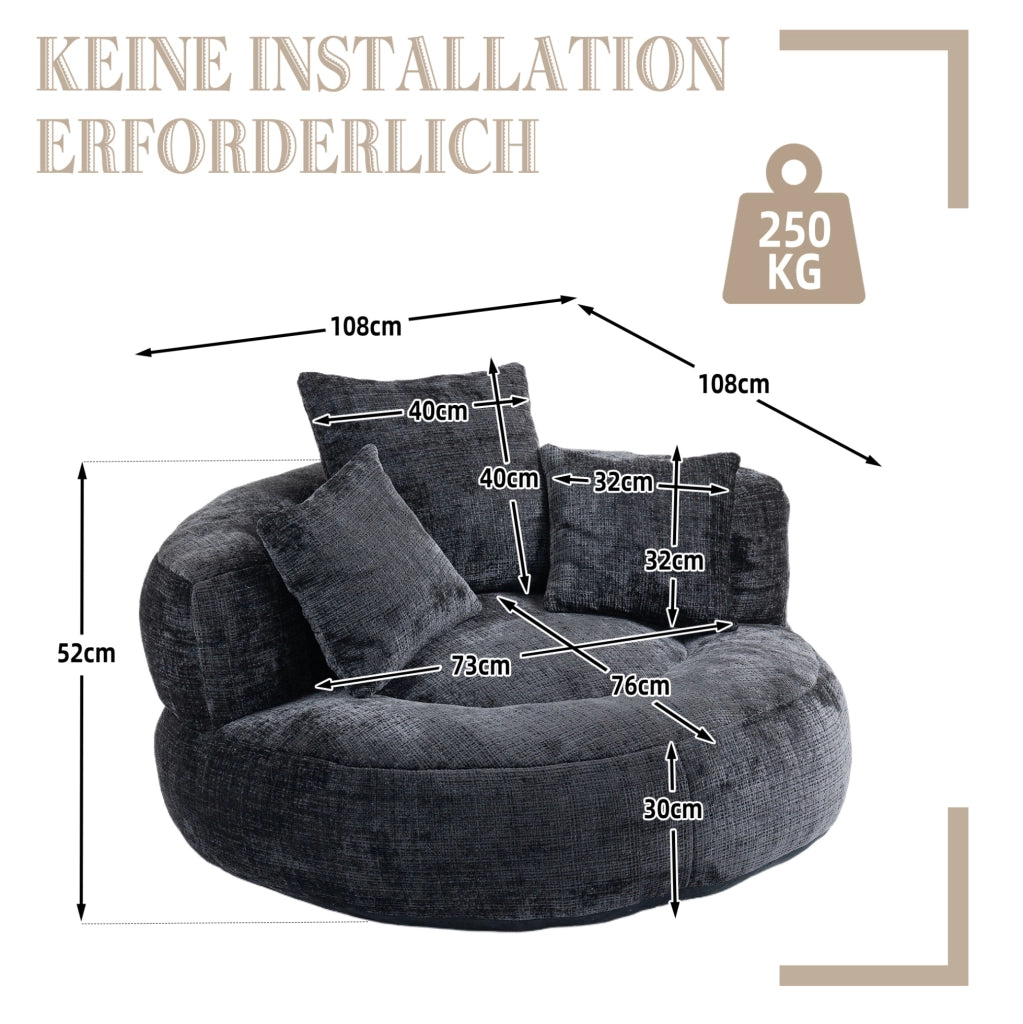 Poltrona sacco 108x108x52 cm con schienale avvolgente e braccioli in chenille nero