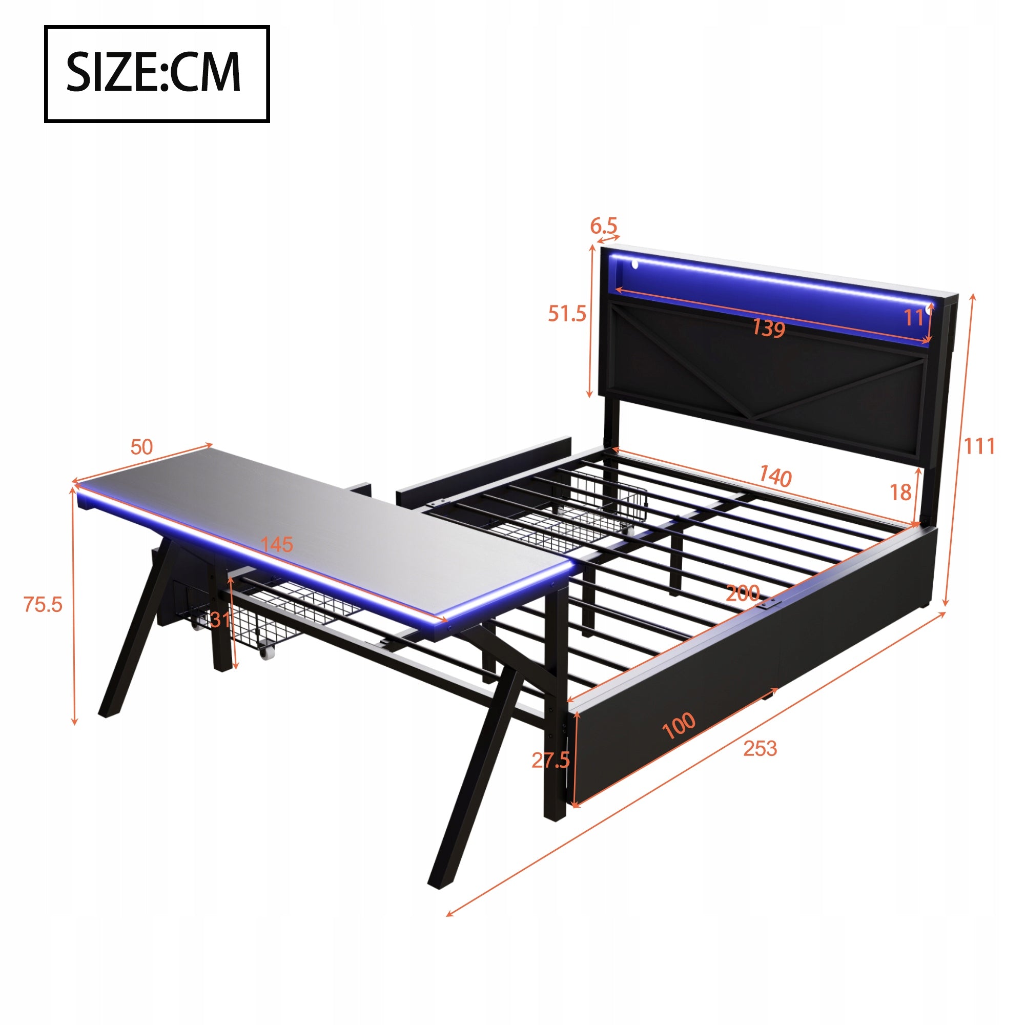 Letto gaming 140x200 - Xylo - LED, scrivania, cassetti, nero