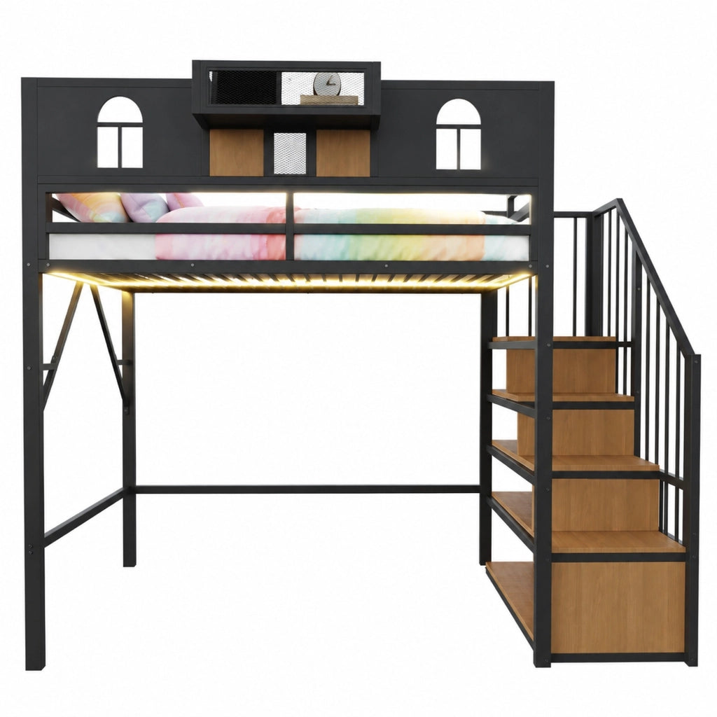 Letto a soppalco per bambini 90x200 cm con luce LED; scala con contenitori e ripiano; metallo nero