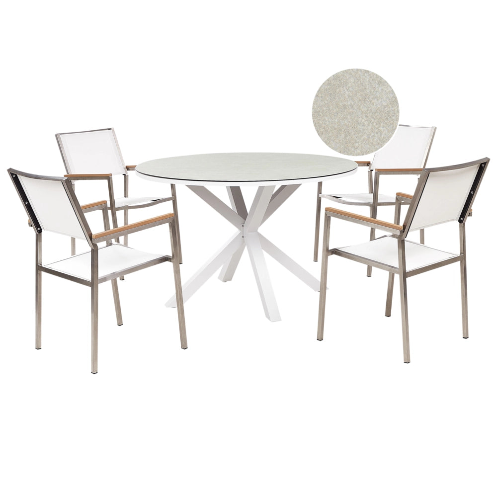 Set da pranzo da giardino Bianco Alluminio Acciaio Inox Piano del tavolo in vetro ceramico 4 posti Arredamento da esterno Moderno