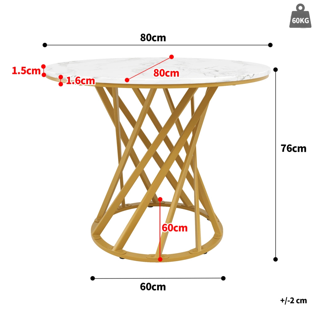 Tavolo da pranzo 80 x 80 x 76 cm in MDF e metallo; bianco e oro