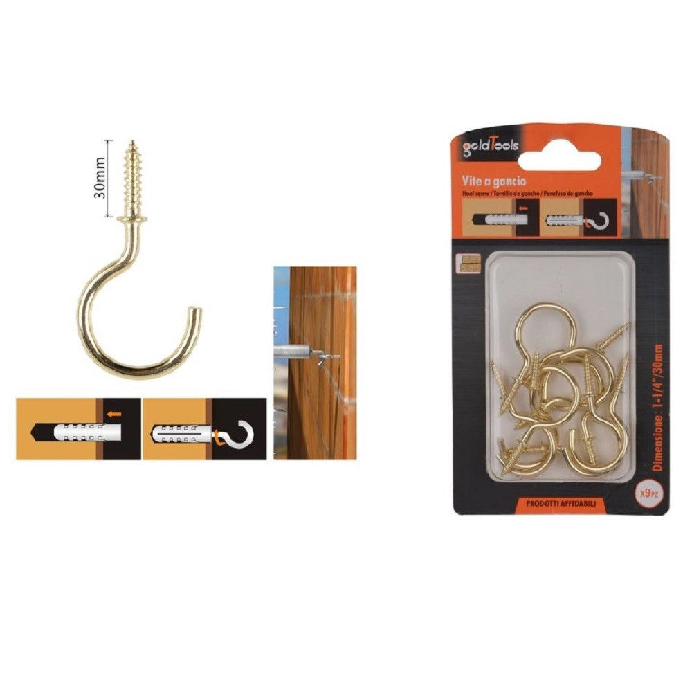 Trade Shop - Set 9 Pezzi Vite A Gancio 1-1/4" 30mm Viti Autofilettanti Dorate Per Legno 90806 -