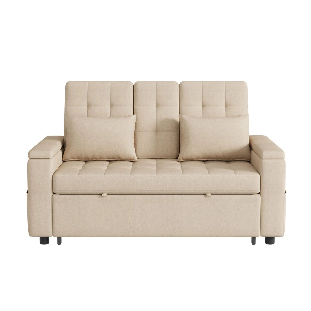 Divano letto estraibile 2 posti con contenitore ¨C Minimal ¨C Beige in tessuto con cuscini