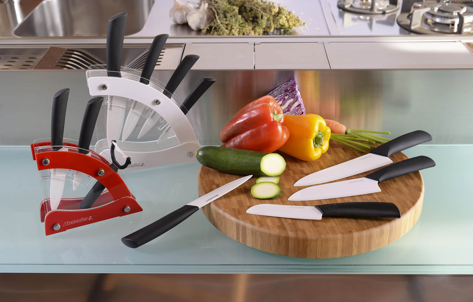 Ceppo con 4 Coltelli in Ceramica Alexander Vela Rosso