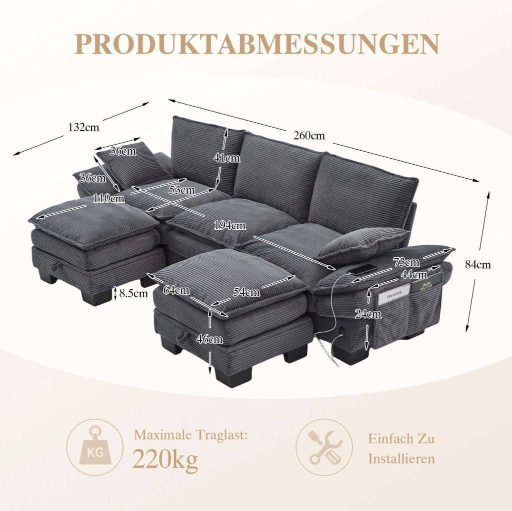 Divano modulare 3 posti in velluto a coste con 2 pouf; USB-C e tasche laterali; grigio scuro