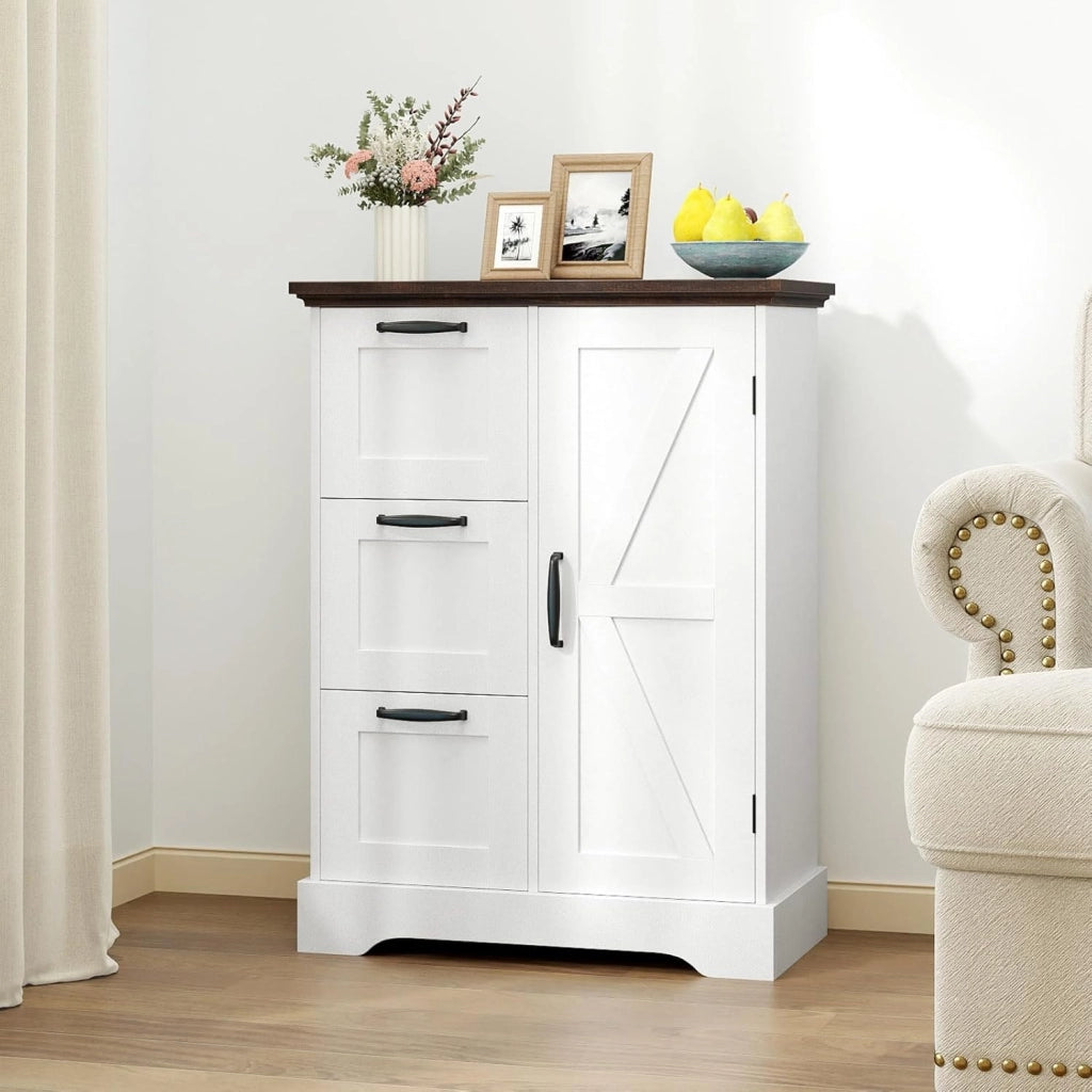 Mobiletto da Pavimento in Legno, Organizzatore per Conservazione Rustico con Porta da Fienile e 3 Cassetti, Buffet Laterale Autonomo per Cucina, Soggiorno, Sala da Pranzo (Bianco)
