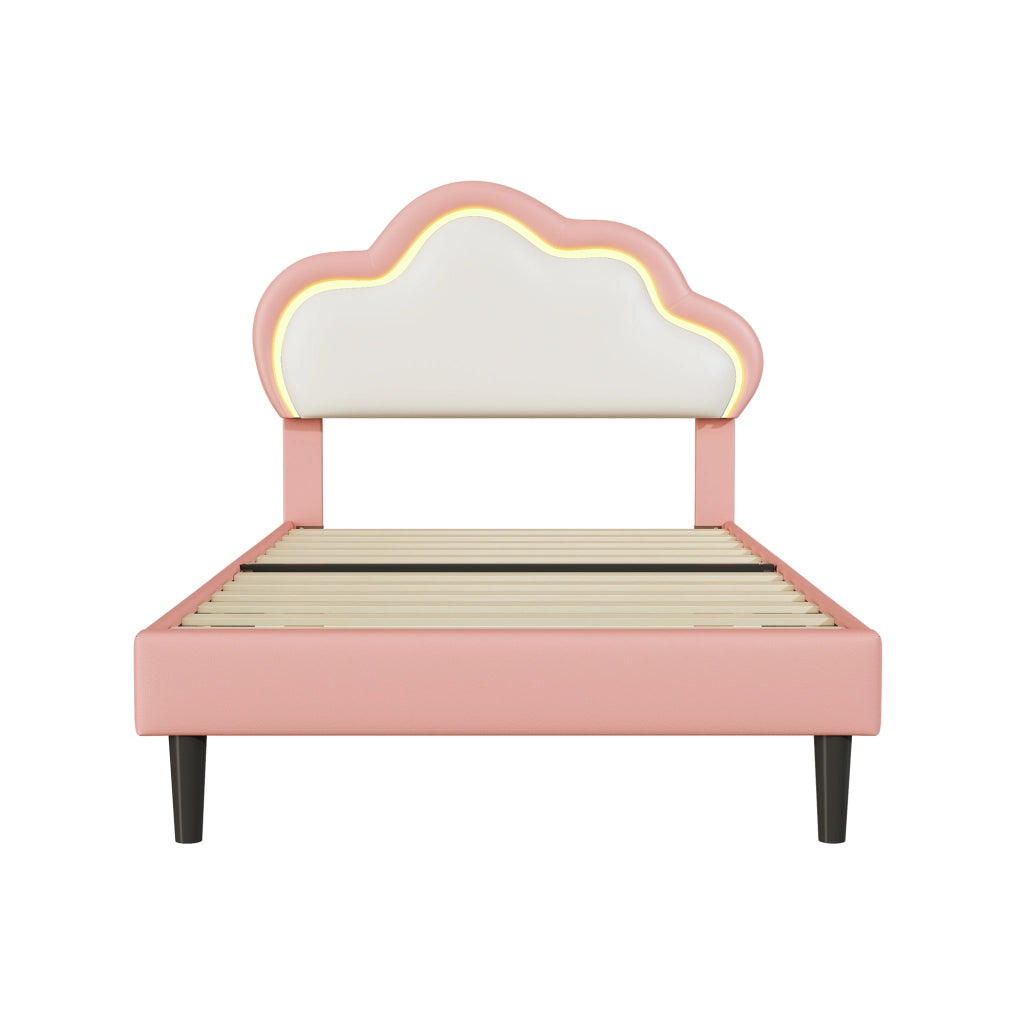 Letto per bambini 90x200cm con testiera a nuvola regolabile, rivestimento ecopelle rosa, luci RGB LED, telecomando e app, struttura robusta per camera da letto