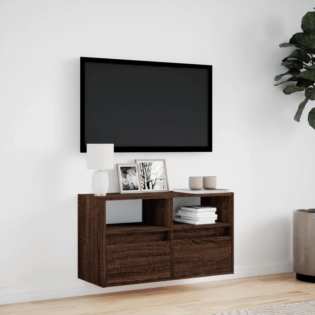 Mobile TV a Parete con Luci LED Rovere Marrone 80x31x45 cm