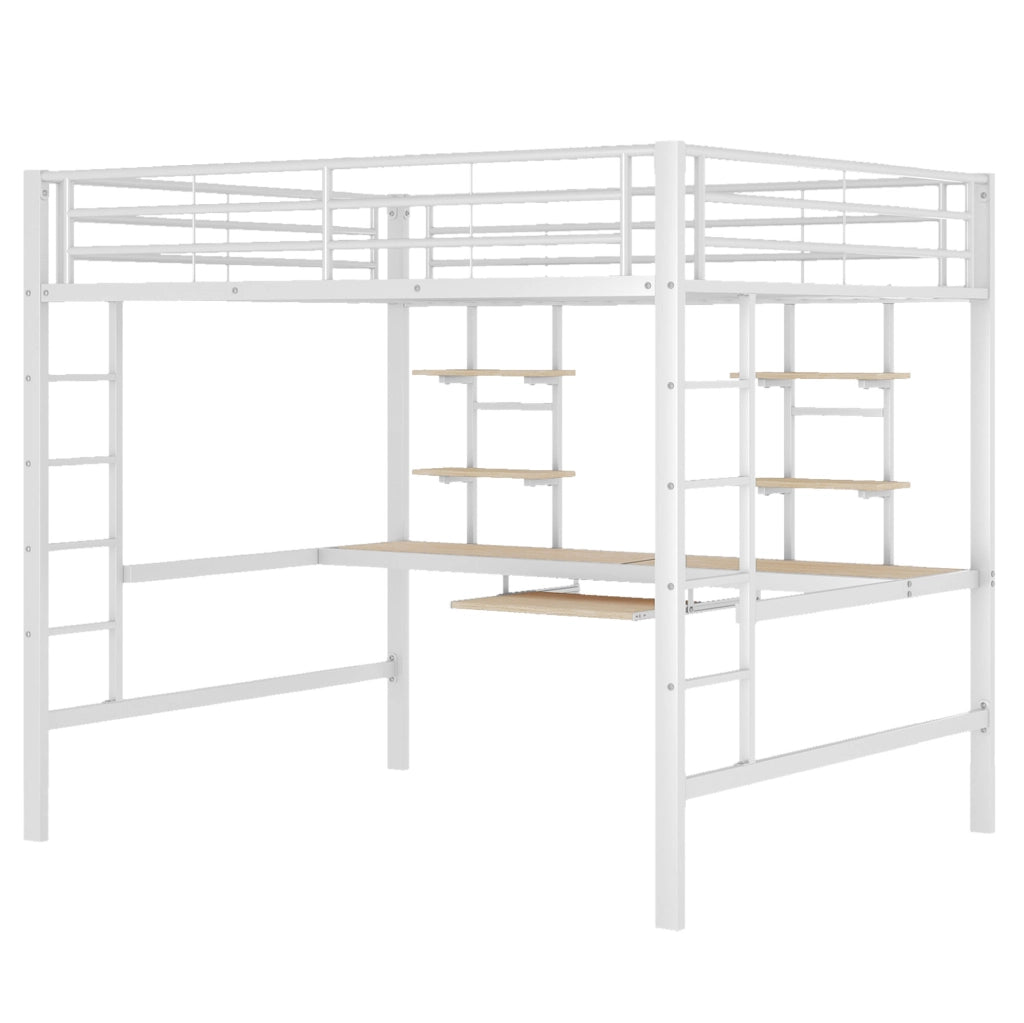 Letto a soppalco 140x200 cm con scrivania e scaffali in metallo e MDF bianco
