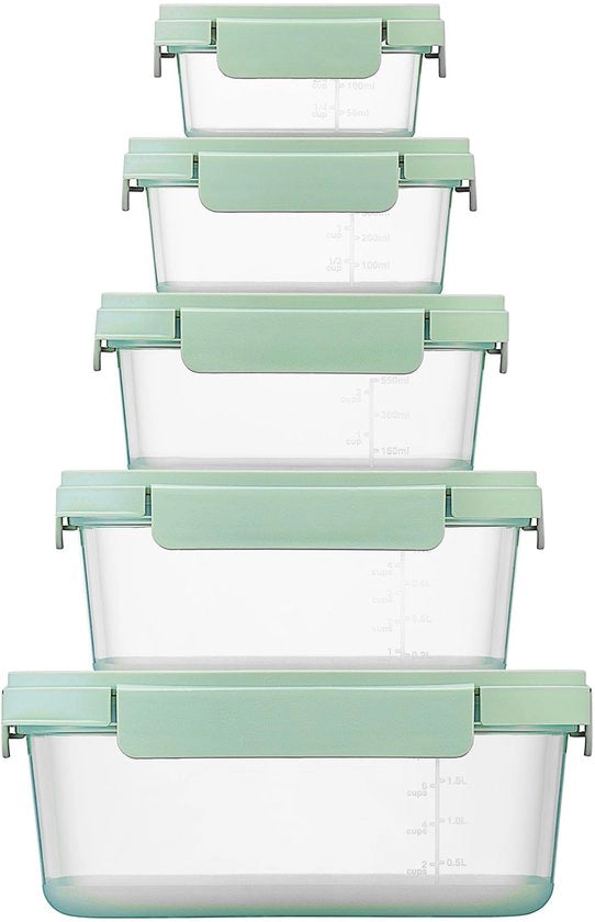 Contenitori di alimenti a stack, set di 5, 230 ml, 500 ml, 920 ml, 1,6 l, 2,7 l, colore salmone-verde