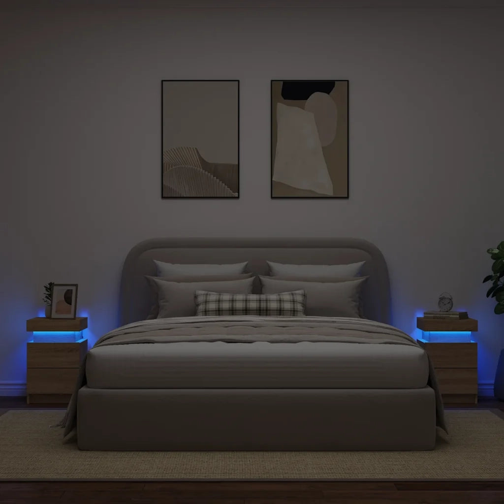 Set di 2 Comodini | Armadio da Notte | Mobiletto da notte con Luci LED Rovere Sonoma 35x39x55 cm