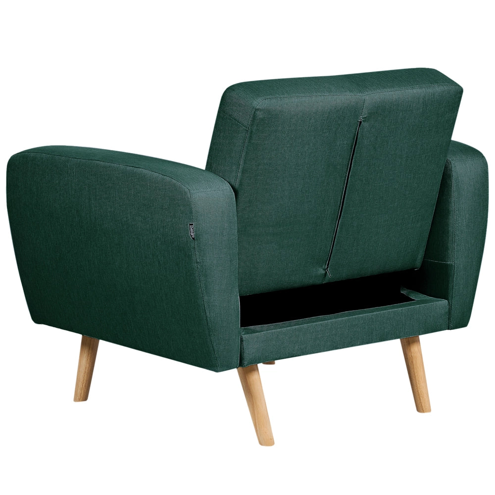 Poltrona imbottita in tessuto verde trasformabile schienale regolabile gambe in legno soggiorno moderno e minimalista
