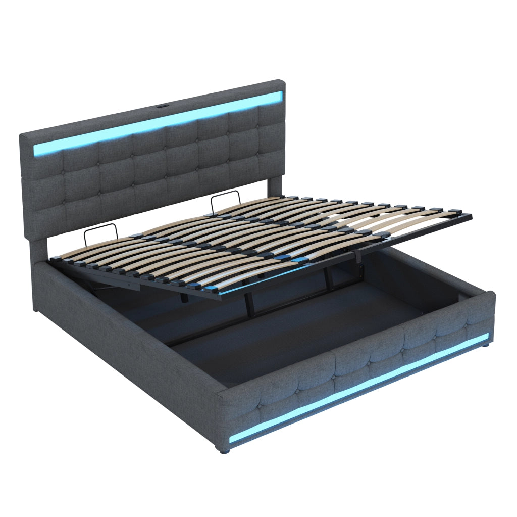 Letto imbottito 180x200 cm con LED RGB e USB; stoffa grigio