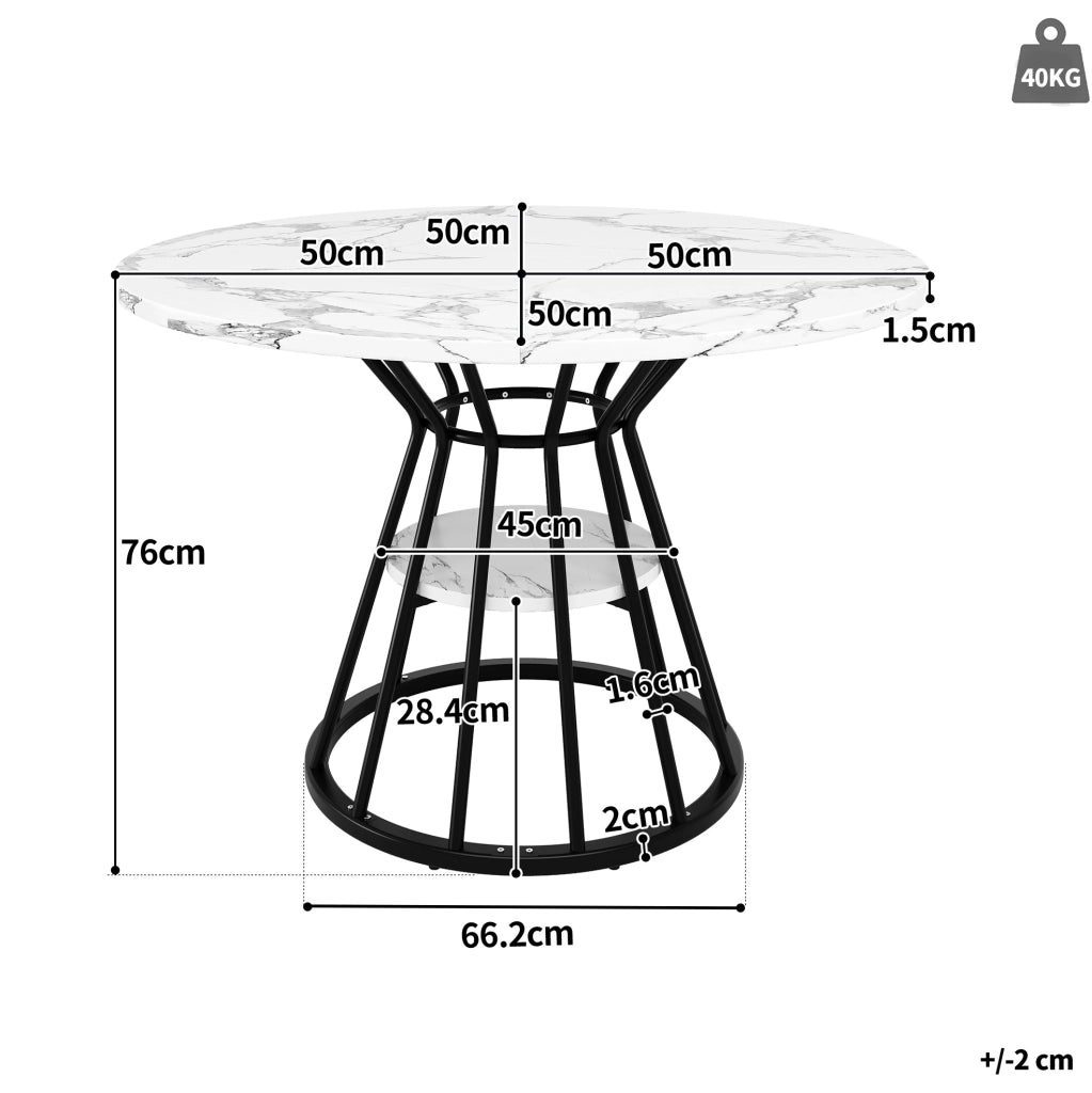 Tavolo da pranzo rotondo 100x100x76 cm con ripiano; MDF e metallo nero