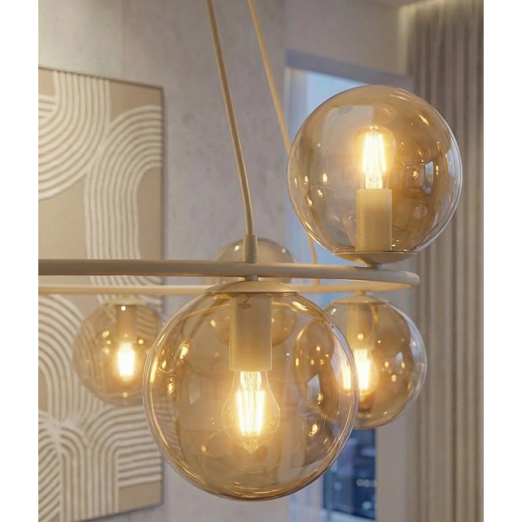 Lampada a sospensione AZURA in acciaio beige e sfere in vetro ambra