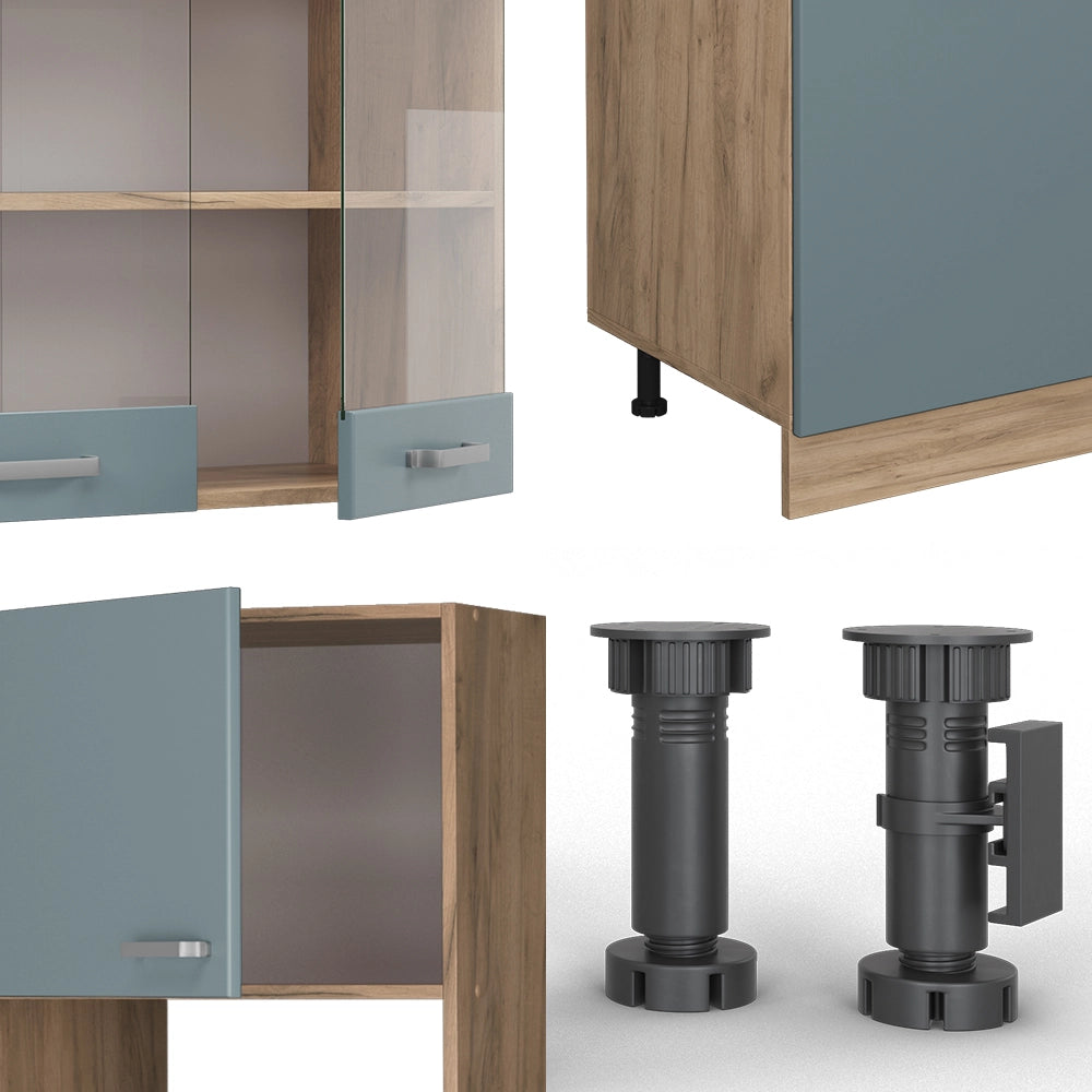 Vicco Cucina componibile Rovere blu-grigio/oro 300 cm con armadio alto, PL Marmo