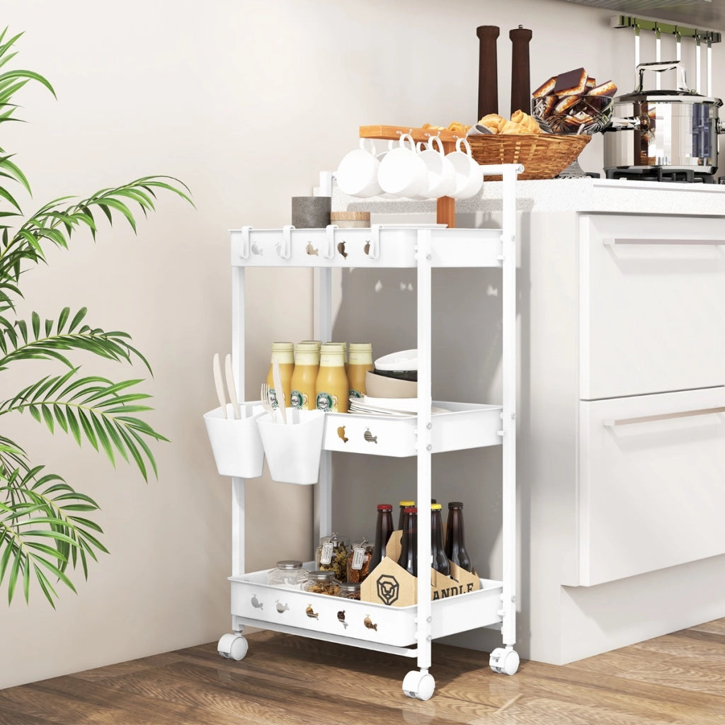 Carrello portaoggetti a 3 livelli con ruote, Carrello utilit¨¤ con 2 tazze appese e 4 ganci per soggiorno Bianco-Carrelli