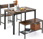 Set di tavolo da pranzo per 4, tavolo da cucina con 2 sedie e 1 panca, set da pranzo industriale con struttura in metallo e scaffale, set da pranzo moderno e funzionale (caffè)