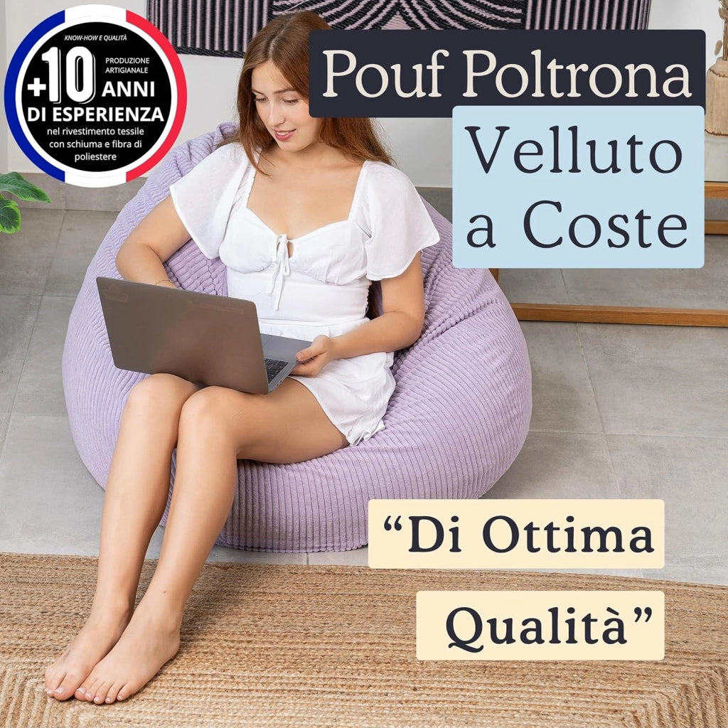 Pouf Poltrona Sacco in Velluto a Coste Larghe - Imbottitura in Schiuma, Morbido - Fodera Lavabile - Facile da Trasportare, Per Bambini (80x70 cm, Viola di Parma)