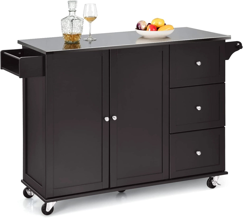 Carrello da cucina con piastra in acciaio inox, armadio da cucina con ruote, isola da cucina mobile con 3 cassetti e ripiani regolabili, carrello da portata in legno, carrello da cucina, 135 x