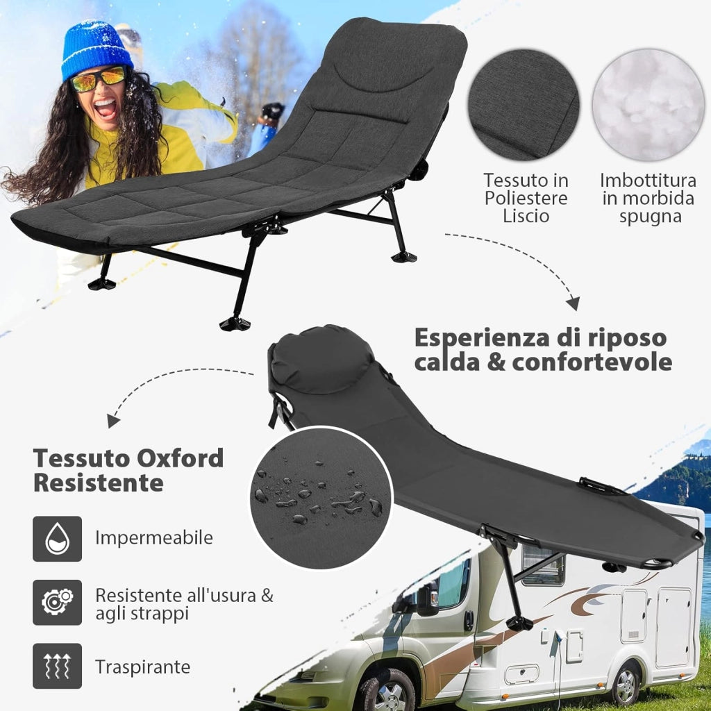 Brandina da Campeggio Pieghevole con Materasso Rimovibile, Poggiatesta, Schienale Regolabile in 6 Posizioni e Copripiedi Girevole a 360°, per Campeggio, Ufficio e Ospiti (Grigio)
