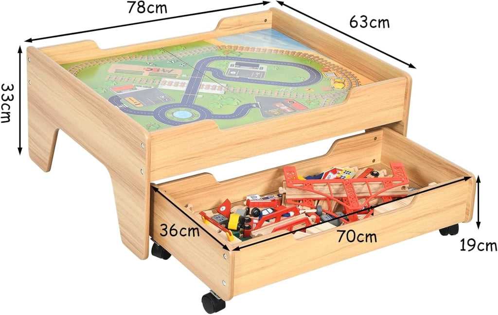 Set Tavolo di Legno con Binari Ferroviari per Bambini, Tavolo Attività e Cassetto con Ruote Bloccabili, con 100 Pezzi Multicolore, Struttura Resistente, Regalo per Bambini +3 anni