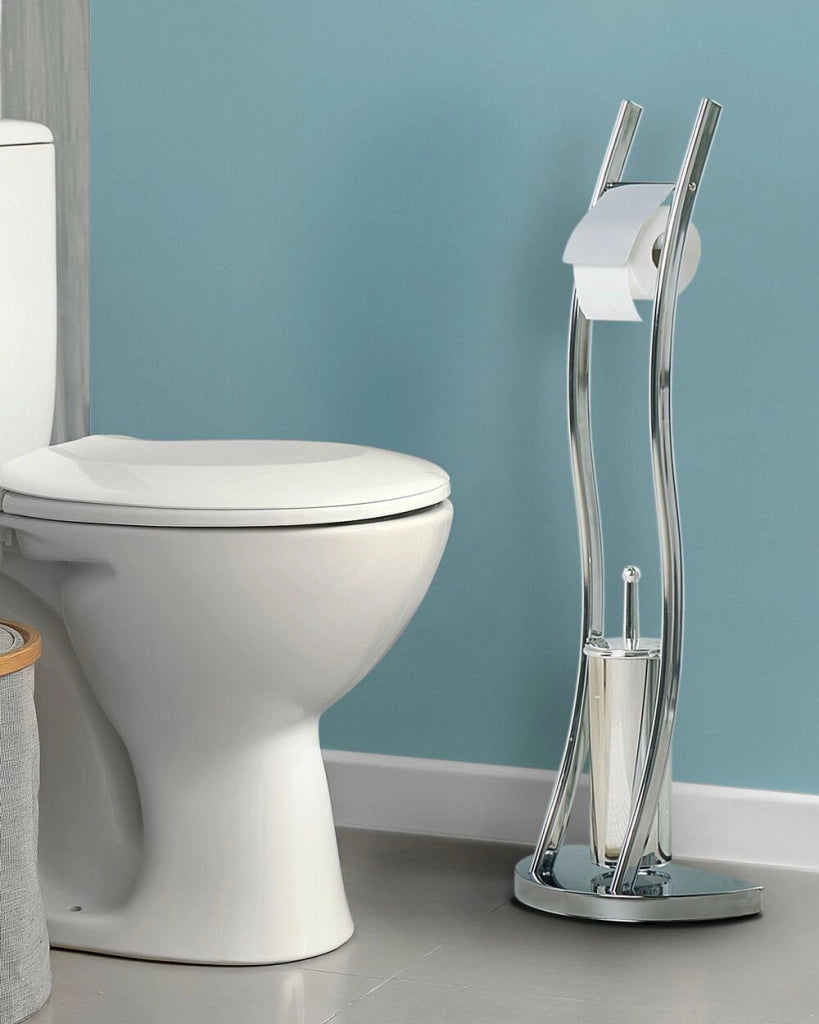 Porta Carta Igienica e Porta Scopino Acciaio argento Cromato Lucido Freestanding Accessori Bagno Moderni