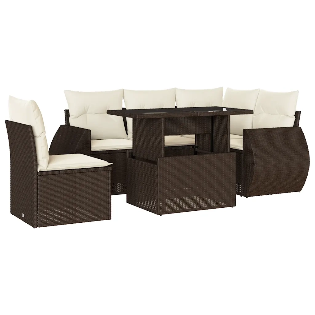 Set Divano da Giardino 6 pz con Cuscini Marrone in Polyrattan