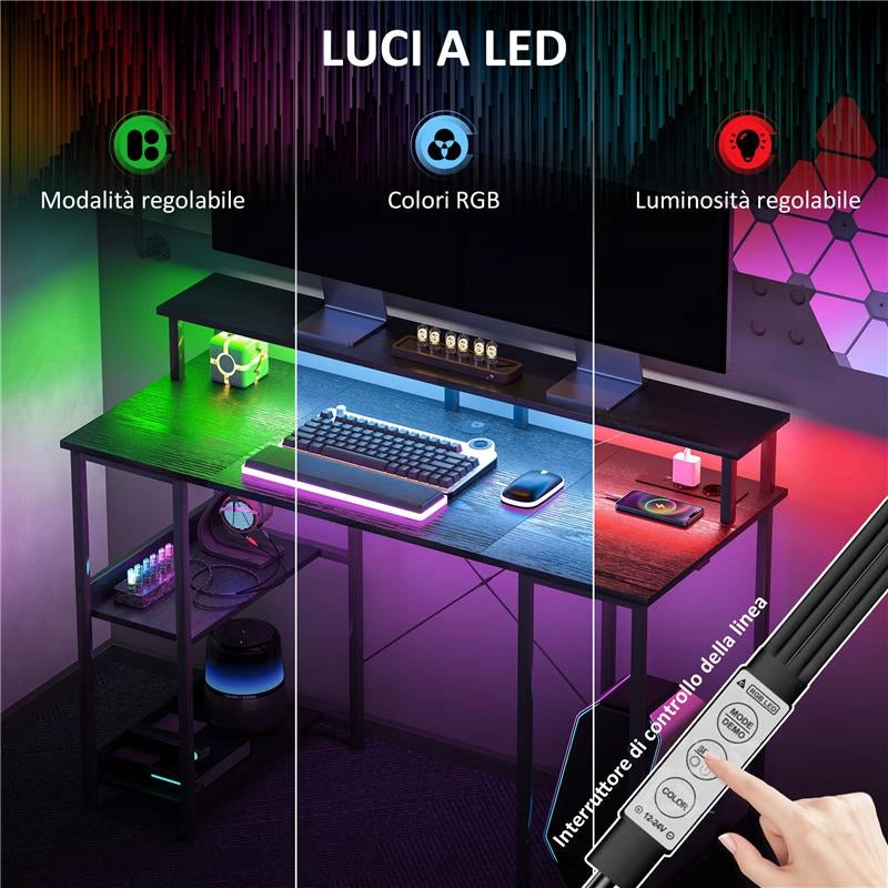 SCRIVANIA PER PC REVERSIBILE CON PRESE ELETTRICHE LUCI SUPPORTO MONITOR E SCAFFALE 120X50 CM NERO