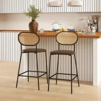 Set di 2 Sgabelli da Cucina con Schienale in Rattan Seduta in PU Struttura in Acciaio e Poggiapiedi Marrone