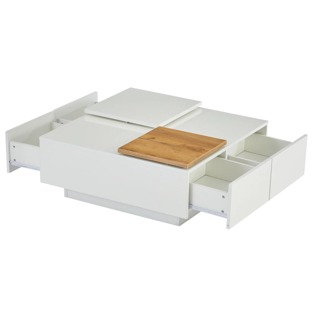 Tavolino da caffè 75x75x33.5 cm con 4 cassetti nascosti; piano lucido in pannello truciolare bianco