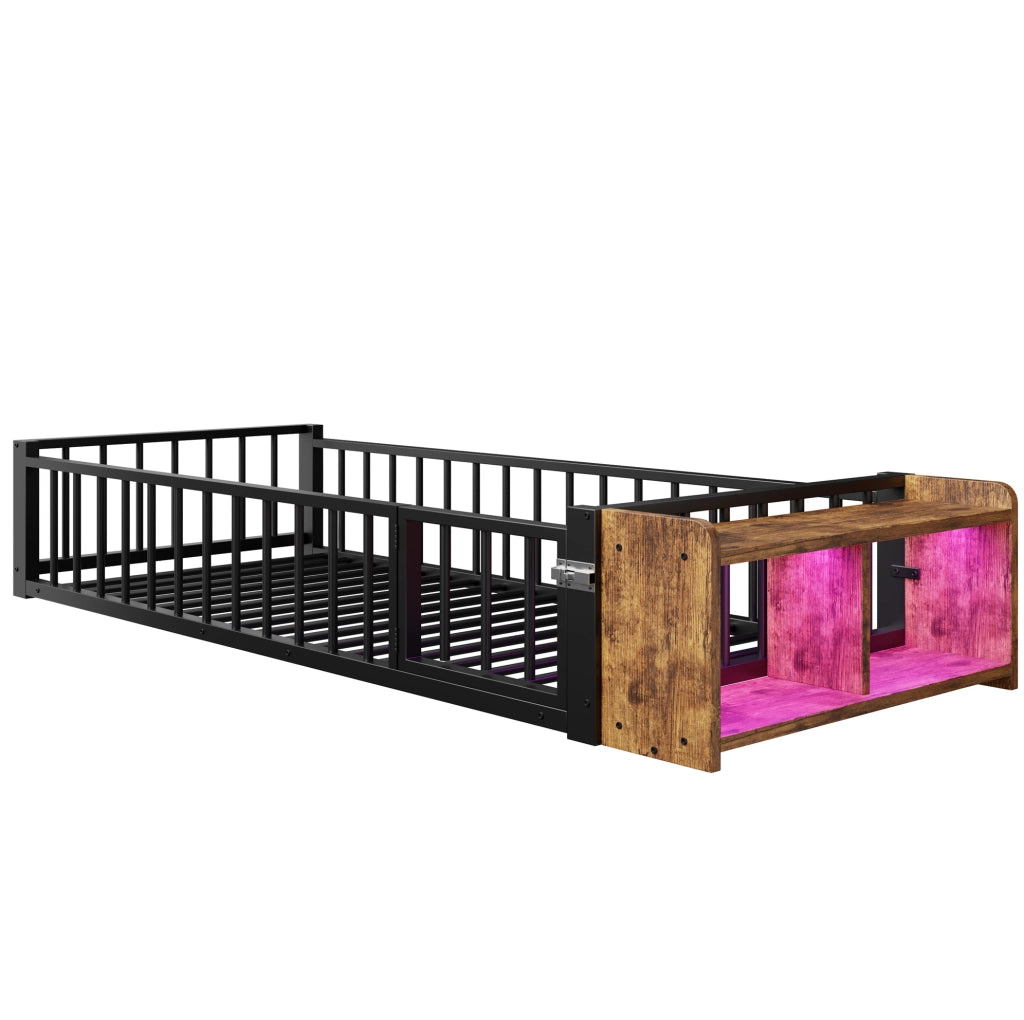 Letto 90x200 cm con sponda; vano portaoggetti e LED in metallo e MDF