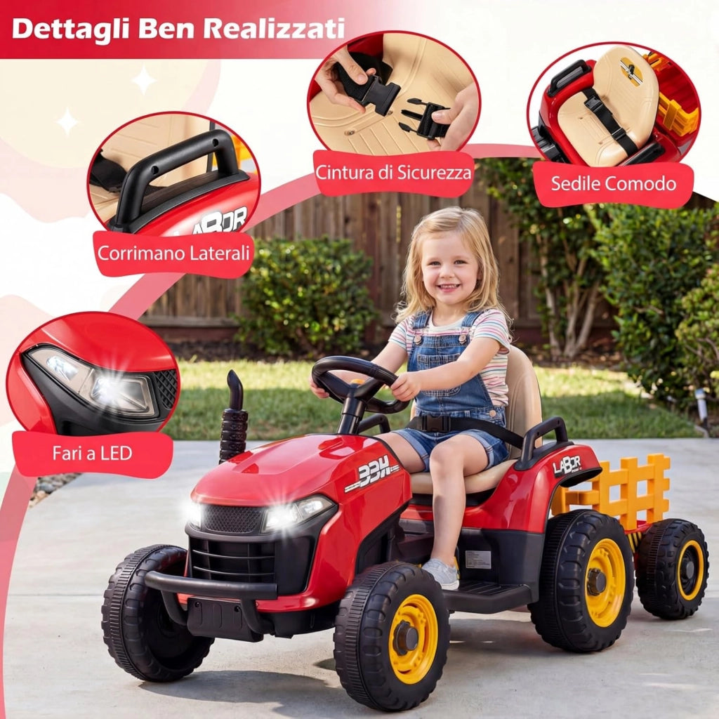 24V Trattore Elettrico per Bambini, Macchina Cavalcabile con Telecomando, Clacson Musica, Connessione Wireless e Fari a LED, per Bambini 3 Anni+ (Rosso)