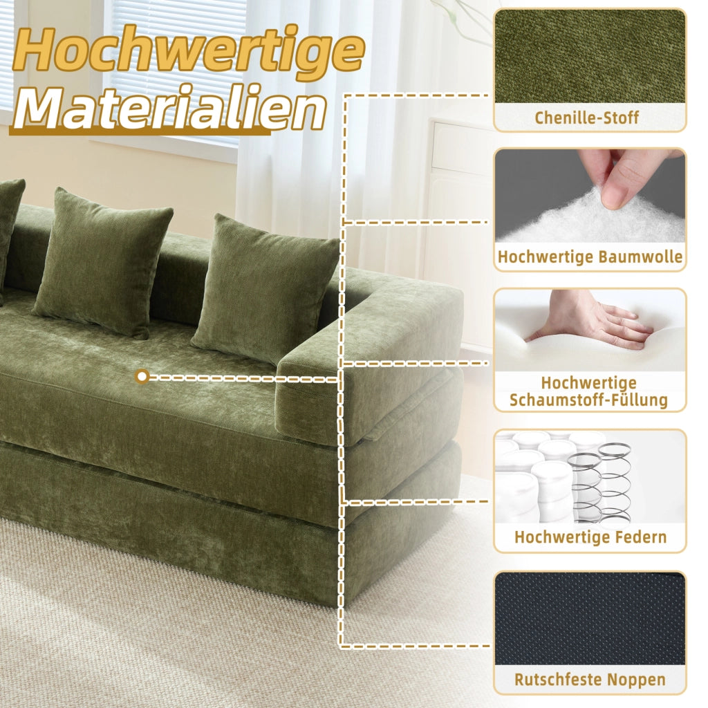 Divano modulare in chenille verde con tasche laterali; 198x79x60 cm; con base antiscivolo