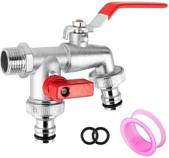 Bibcock Uscita Giardino Valvola d'Acciaio Ingresso Doppia Valvola Acqua Resistente alla Ruggine, Valvola d'Acqua Esterna G1/2 "Ingresso Doppio G3/4" Uscite Valvola d'Acqua Esterna per Giardino con Connettori di Gomma Gratuiti per Patio & Giardino