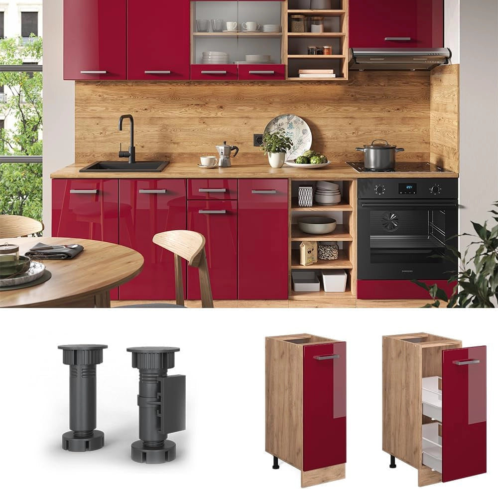 Armadio cucina dispensa alto R-Line, Rosso lucido, 30 cm PL Marmo, per la libera combinazione all'interno di sistemi cucina modulari