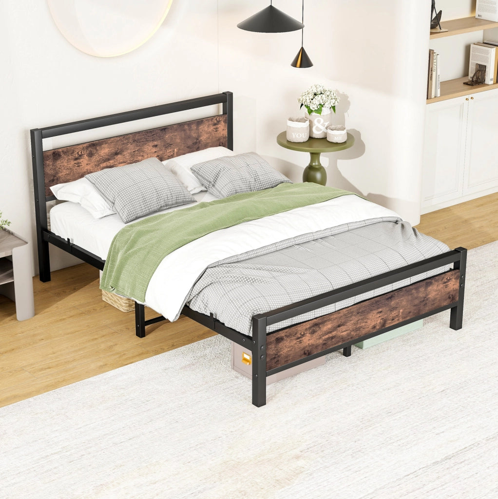 Letto 197x141.5x90 cm con contenitore e testiera in MDF e metallo marrone antico