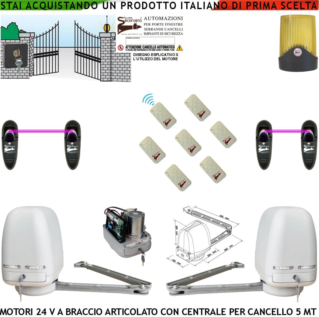 Cancello Automatico Kit Motori a Braccio Articolato 24 V 2 Ante da 0,5 a 2,5 MT Centrale 220/24 V Selettore 7 Radiocomandi Faro 2 Coppie Fotocellule
