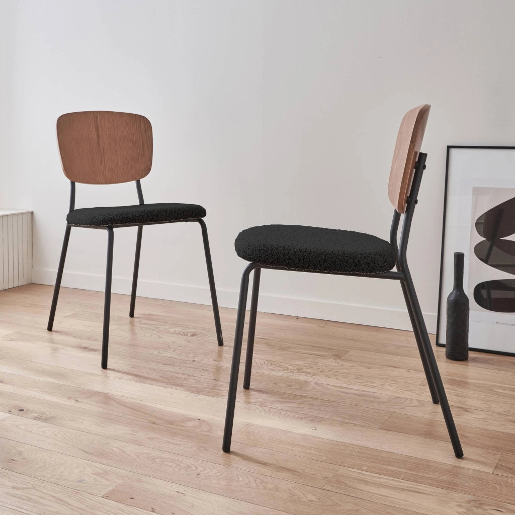 Set 2 sedie bouclé struttura in legno con gambe in metallo, nero