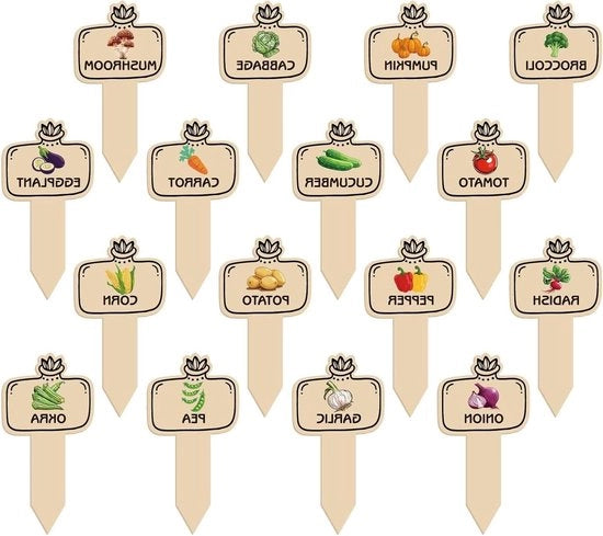 Etichette per piante in legno - Set di 16 pezzi - Accessori per esterno e interno - Patio - etichette per semi, piante di erba, pomodoro, patate, zucchine