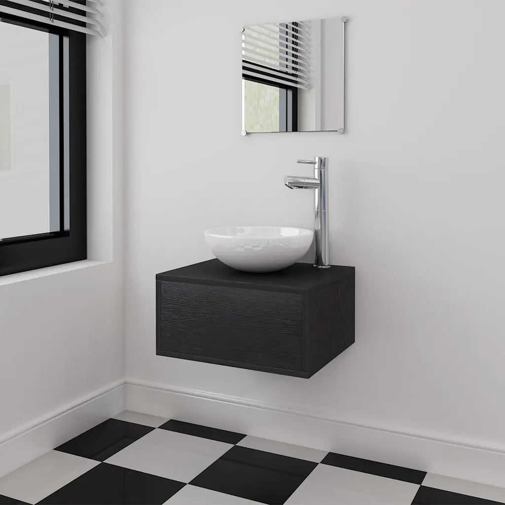 Set Mobili da Bagno | Armadio da bagno 4 pz con Lavabo e Rubinetto Nero