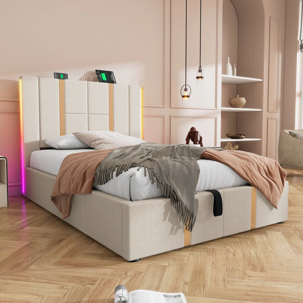 LETTO Imbottito 90x200 cm Beige con USB-C, LED RGB e contenitore
