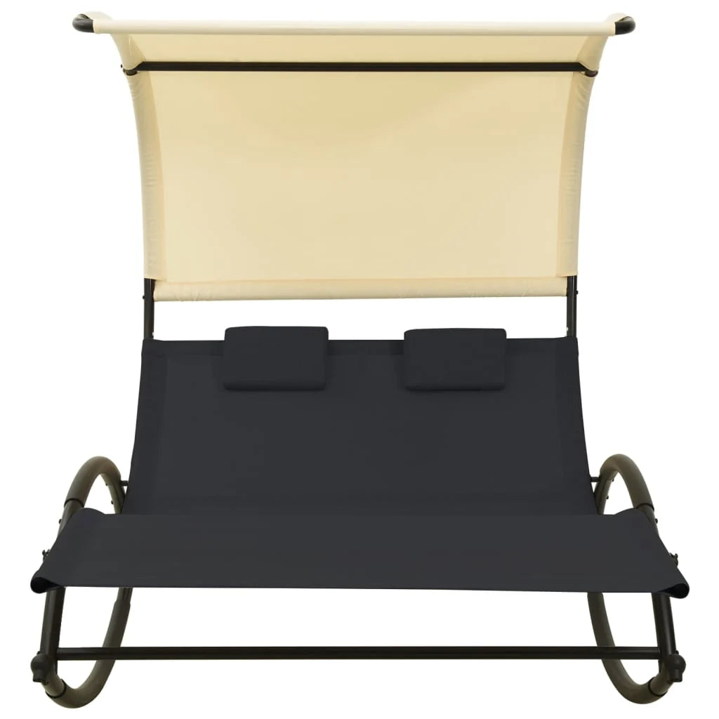 Lettino prendisole sedia a sdraio lettino prendisole letto da giardino mobili da giardino mobili da esterno doppi con baldacchino in textilene nero e crema 02_0012723