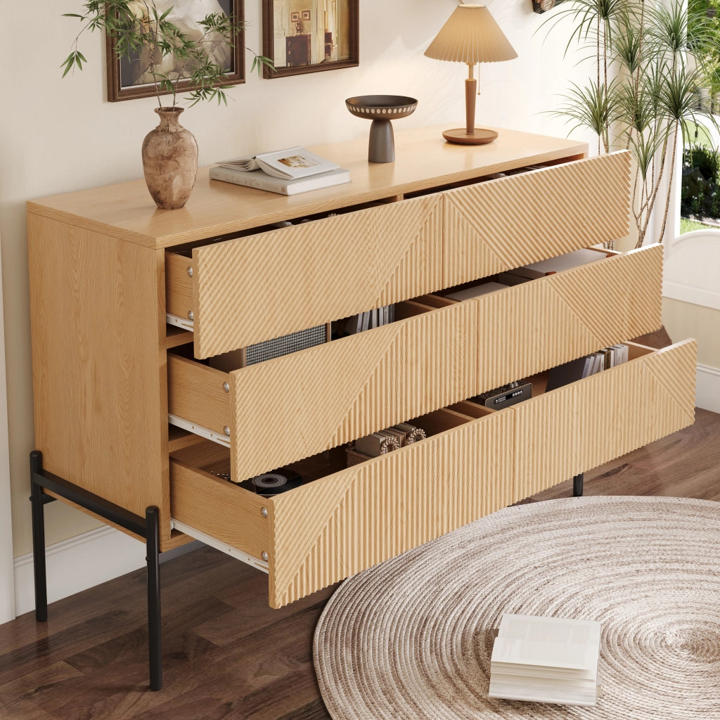 Credenza con 6 Cassetti e Gambe in Metallo; Frontale 3D Geometrico; Stile Moderno; in MDF; Naturale; 115;5??38??75 cm