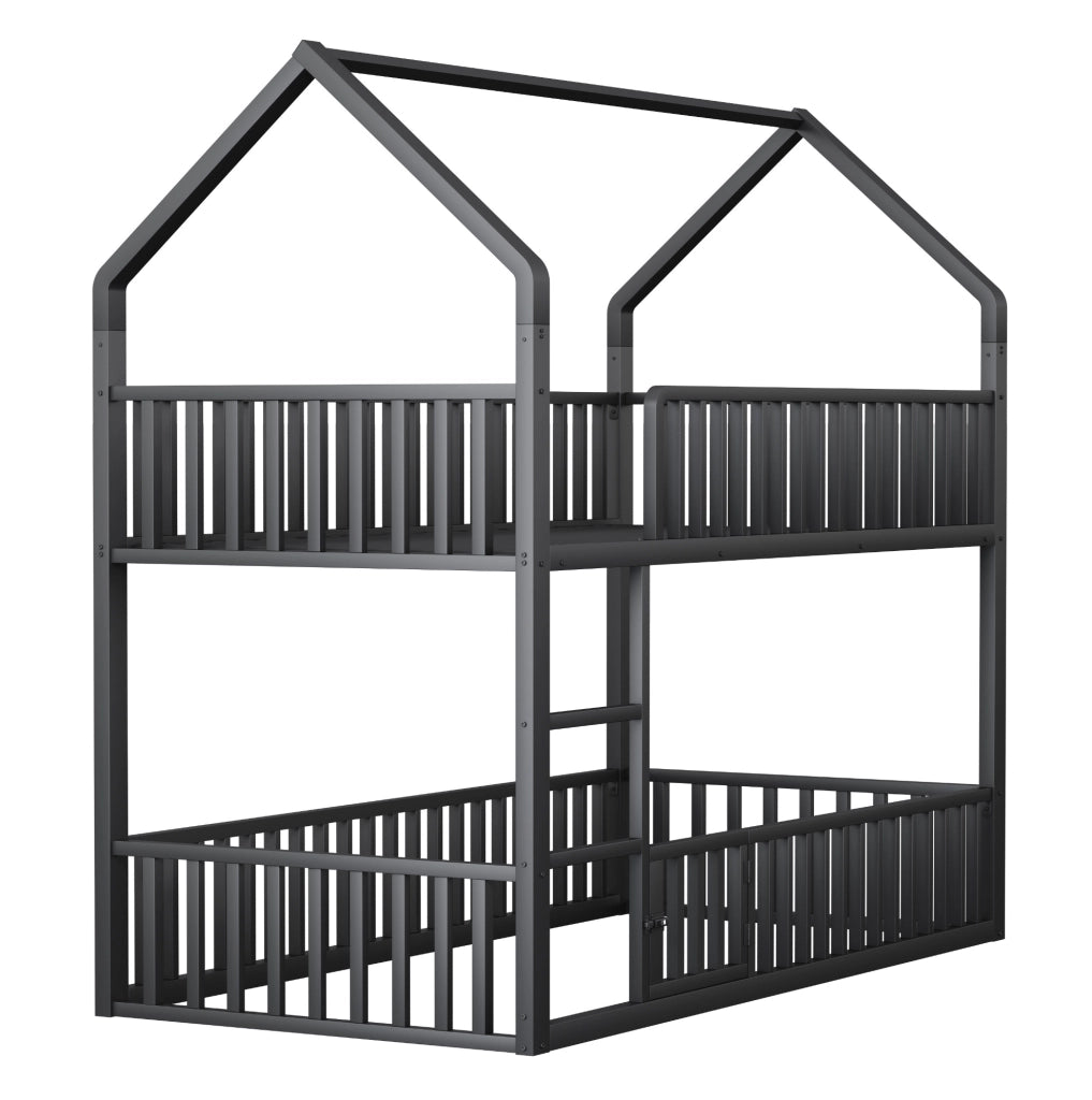 Letto a castello 90x200 cm con struttura a casetta e scala in metallo nero
