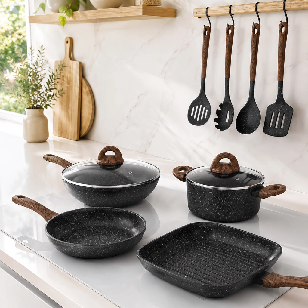 Set Pentole e Padelle Antiaderenti Induzione 10 Pezzi Marble con Wok Bistecchiera Casseruola Padella e Utensili Cucina Compatibile Gas Vetroceramica Piano Elettrico