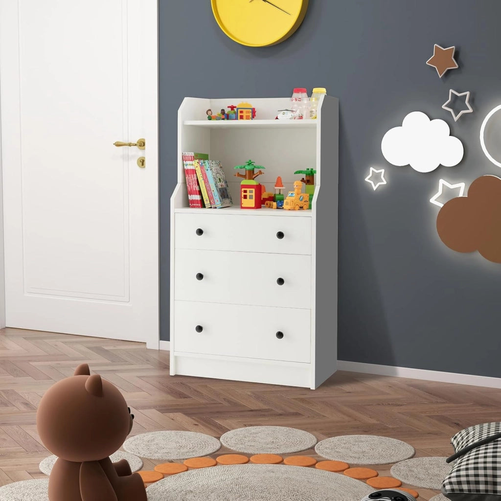 Cassettiera Moderna con 2 Ripiani Aperti e 3 Cassetti Estraibili, Comodino Alto con Dispositivo Anti-ribaltamento per Camera da Letto Soggiorno Ingresso, 58 x 36 x 111 cm, Bianco/Nero/Noce