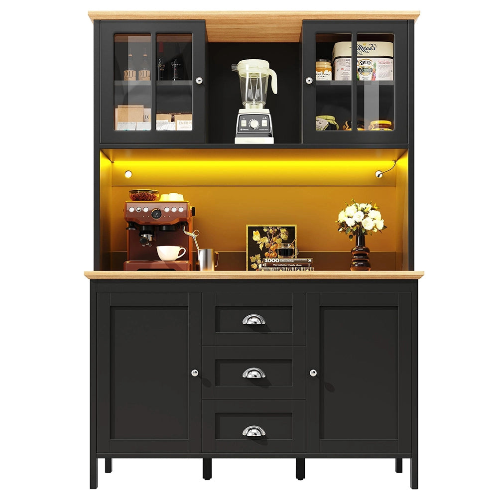 Armadio da cucina con illuminazione LED - Xylo - 120x40x179 cm - Bianco/Nero - 4 porte e 3 cassetti